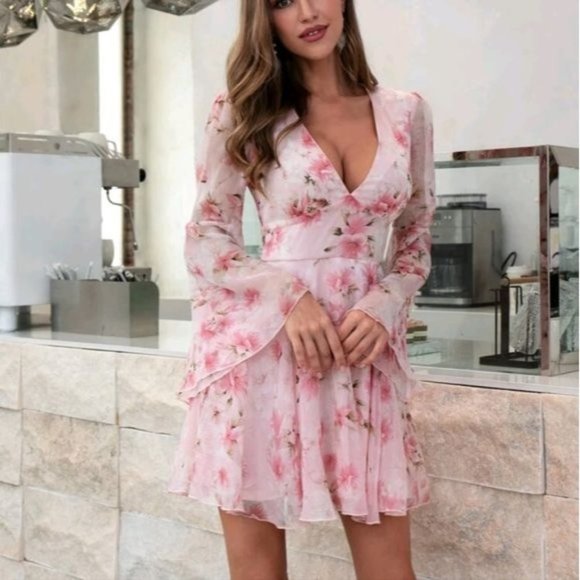 PINK ELEGANT FLORAL FIT AND FLARE DRESS - Picture 6 of 8